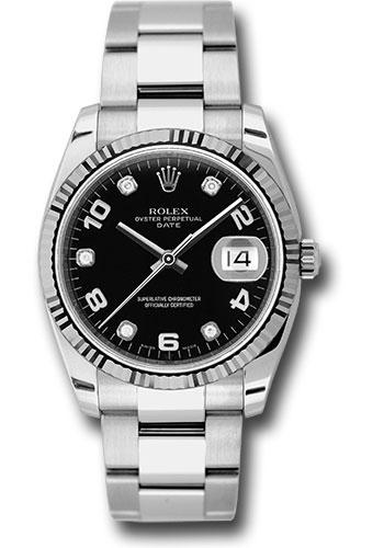 shilling Perennial gen Rolex Date 34 Watch - Fluted Bezel - Black Five Diamond Dial - 115234 –  Rare Time NY