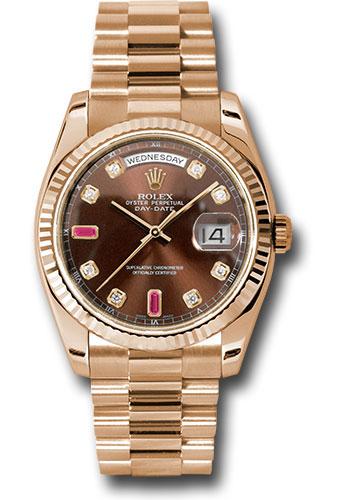 Rolex Everose Gold Day Date 36 Watch Fluted Bezel Chocolate Diamond And Ruby Dial President Bracelet 118235 chodrp