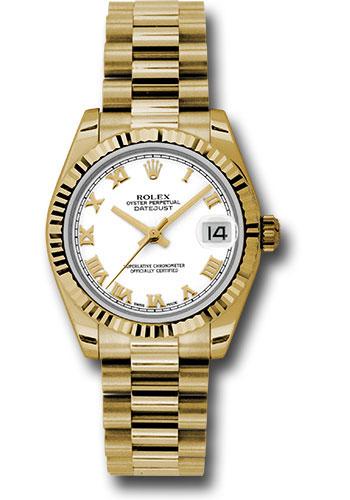 Rolex Yellow Gold Datejust 31 Watch Fluted Bezel White Roman